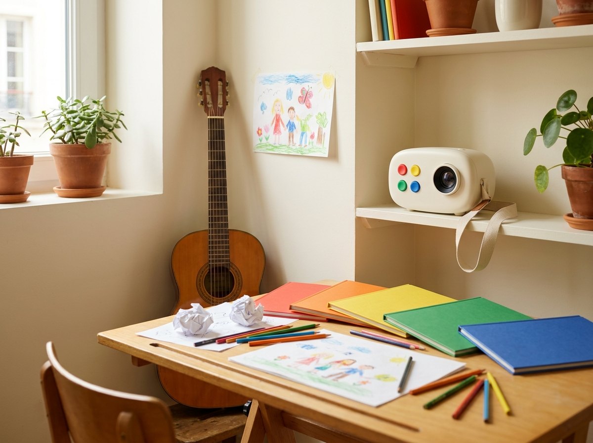 L'atelier Lucio : table à dessin, crayons de couleur, guitare et projecteur sur une étagère
