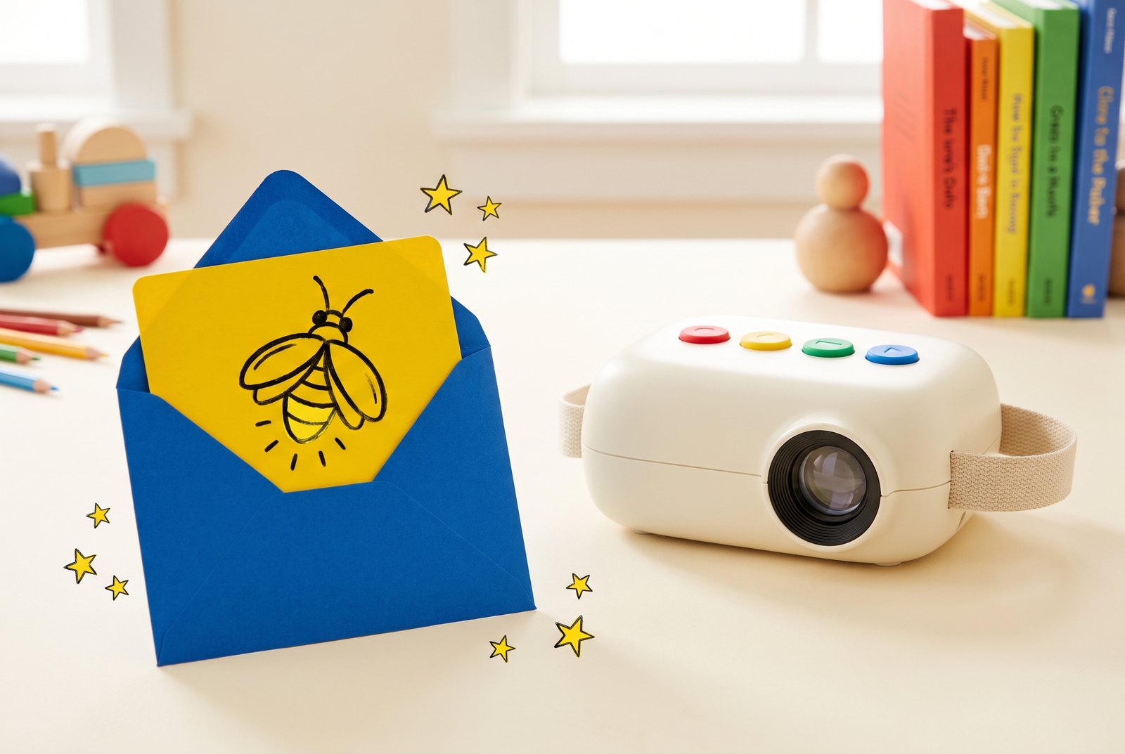 La carte cadeau Lucio, jaune, dans une enveloppe bleue
