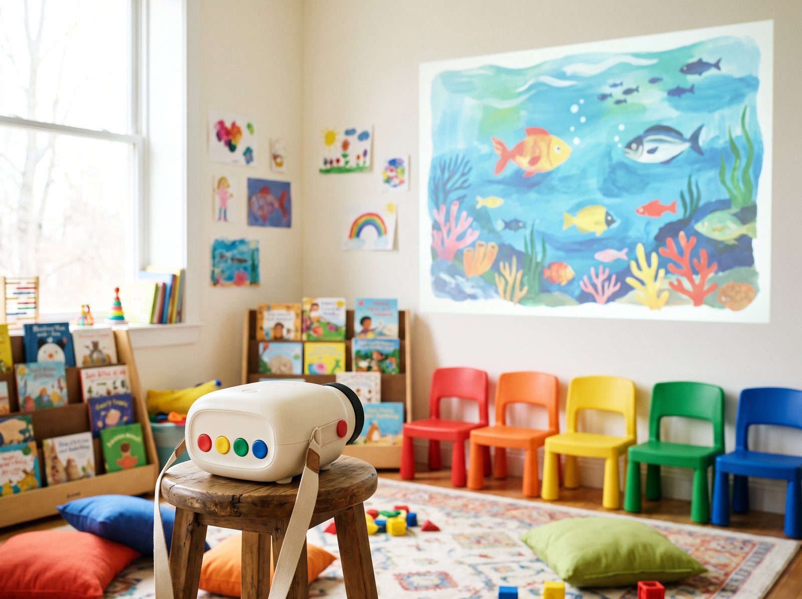 Un coin bibliothèque d'école avec Lucio qui projette l'océan sur le mur