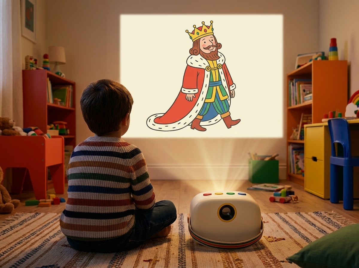 Un enfant assis devant le projecteur Lucio qui projette un conte en grand sur le mur de sa chambre