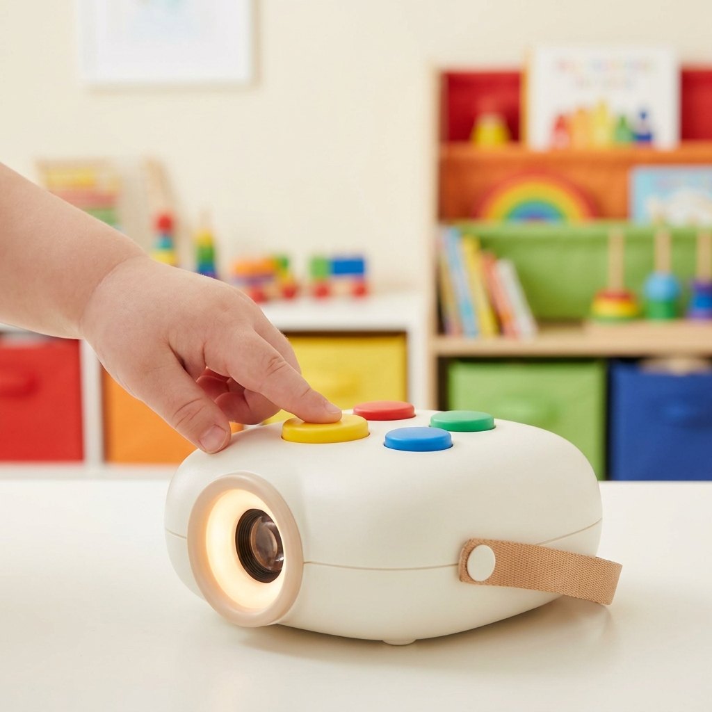 La main d'un enfant appuie sur le gros bouton jaune de Lucio