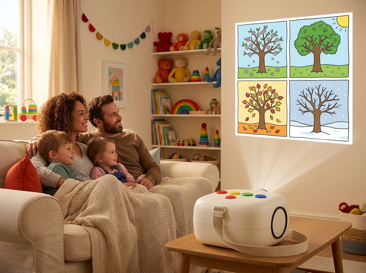 Une famille regarde une histoire Lucio projetée sur le mur du salon
