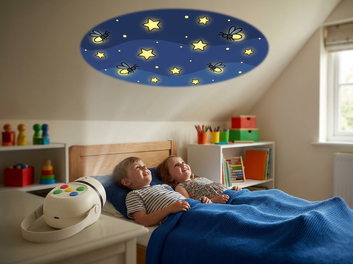 Deux enfants regardent un ciel de lucioles projeté au plafond